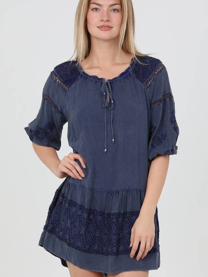 C4884-EMB ACID WASH EMB AND LACE TRIM TIE NECK SHIFT DRESS for wholesale by ANGIE