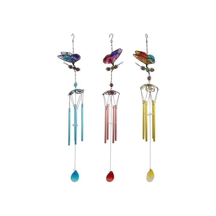Cubby House by Malmar - Wholesale Wind chime - 68cm Mosaic Glass/Metal Butterfly Wind Chime 3 Asstd
