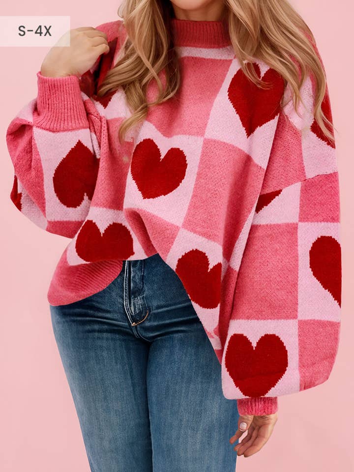 Pull à carreaux avec cœur d'amour 66 pour la Saint-Valentin, grande taille (S-4X) pour la vente par 66DISCO