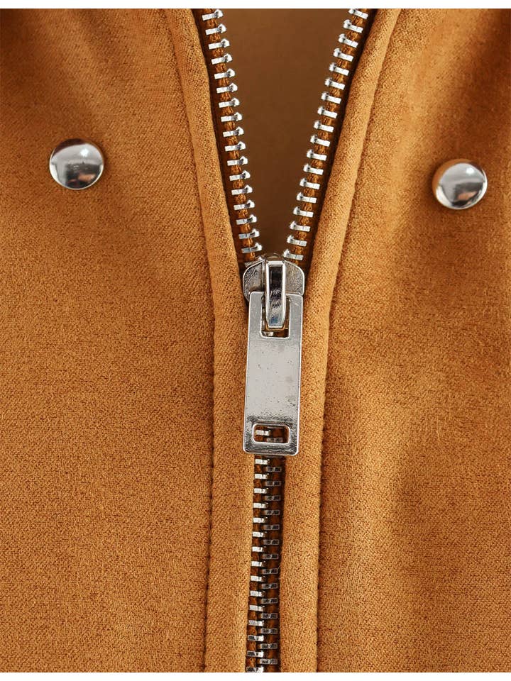 Camel Ladies Faux Suede Studded Zipper Front Cropped Jacket for wholesale on Faire2