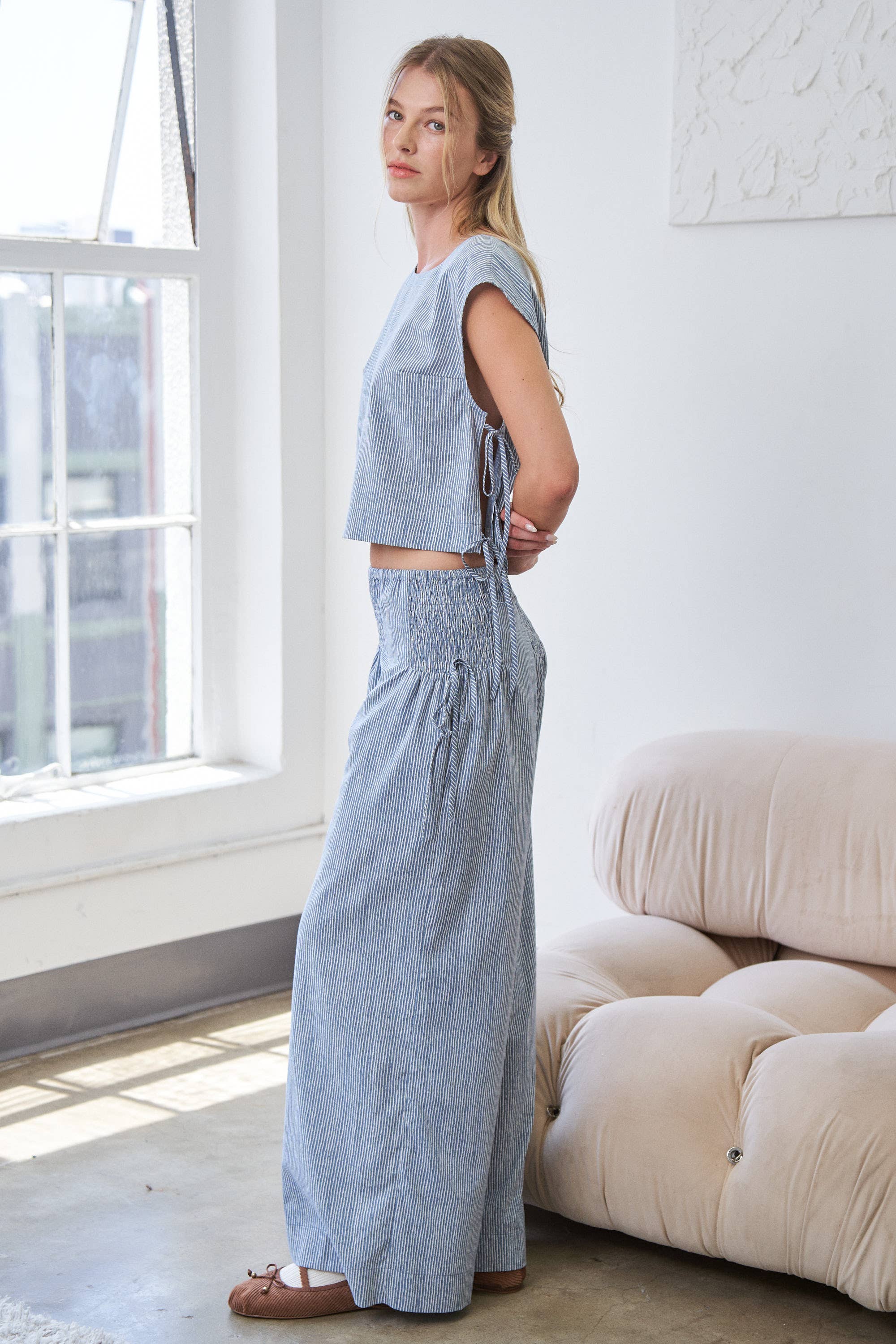 CANDESCENT - Wholesale Pants - Women's - Striped Wide Leg Smocked Pants (Matching Set)3