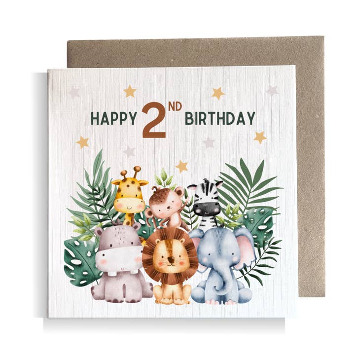 Second Ave Gift Company - Vendita all'ingrosso Biglietti di auguri - Biglietto di auguri quadrato per bambini, motivo Safari, secondo compleanno