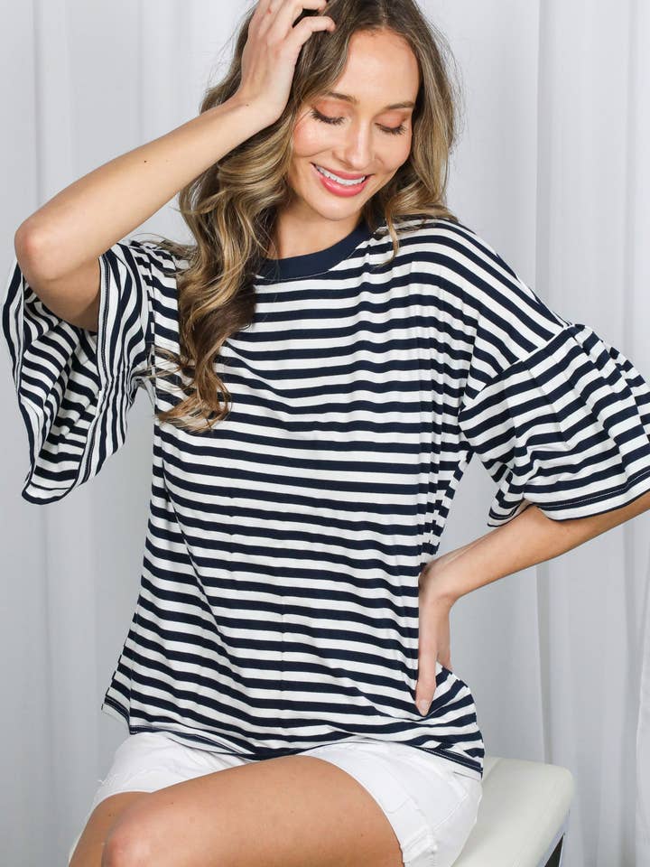 Pleated Flutter Sleeve Crew Neck Striped Knit Top VT82765 for wholesale by Vine & Love