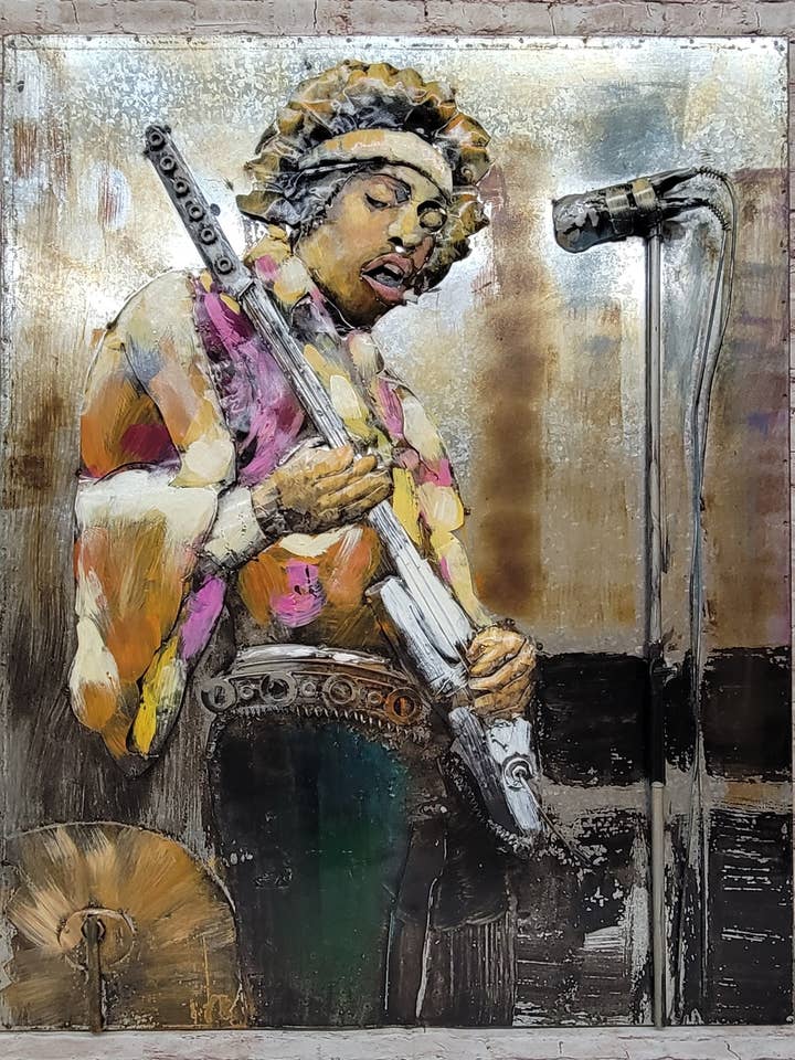 Jimi Hendrix 3D vægkunst blandet mediemaleri på metal lærred elektrisk guitar for engroshandel hos Bronzhaus