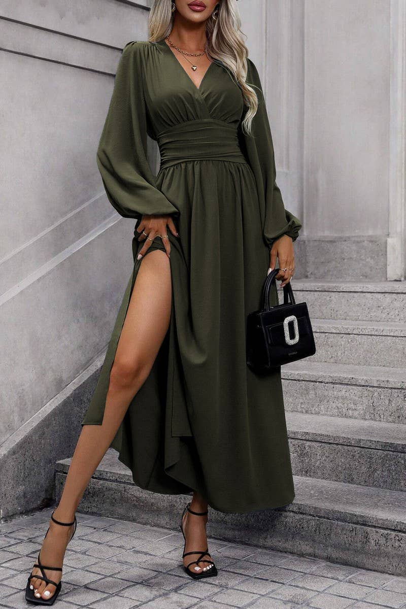 NINEXIS - Wholesale Dress - Women's - CWDMD3950_V-NECK LANTERN SLEEVES HIGH SLIT DRESS9
