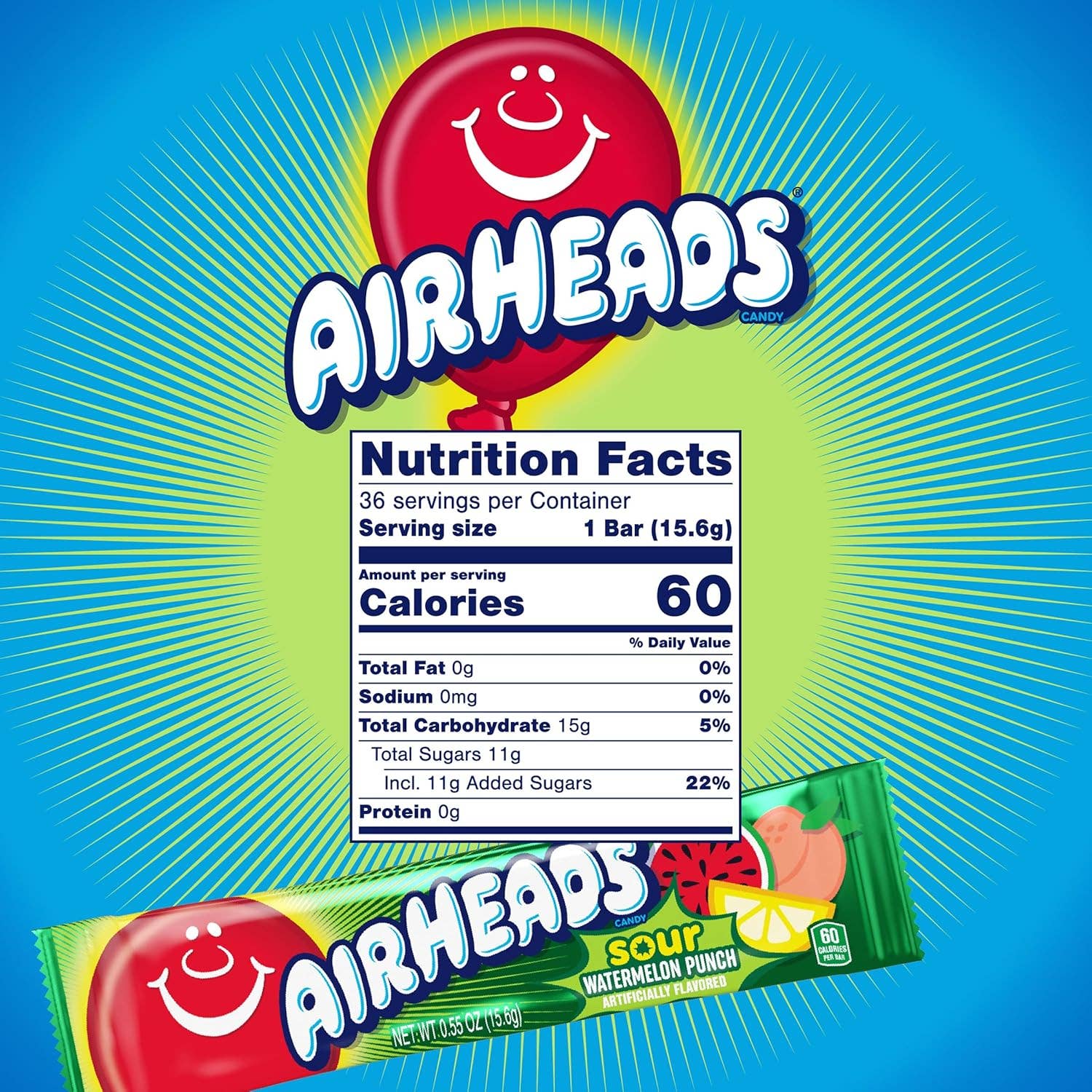 Snacky Candy - Wholesale Taffy - Airheads Single Sour Watermelon 0.55 oz 36 count1