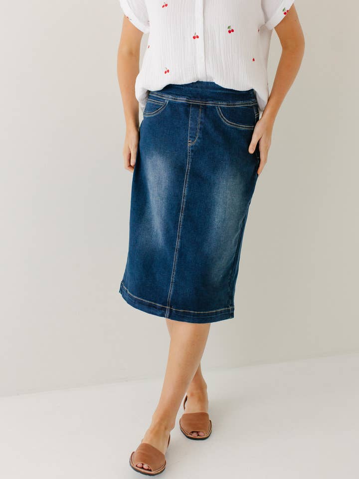 'Sara' Classic Knee Length Dark Denim Skirt for wholesale on Faire12