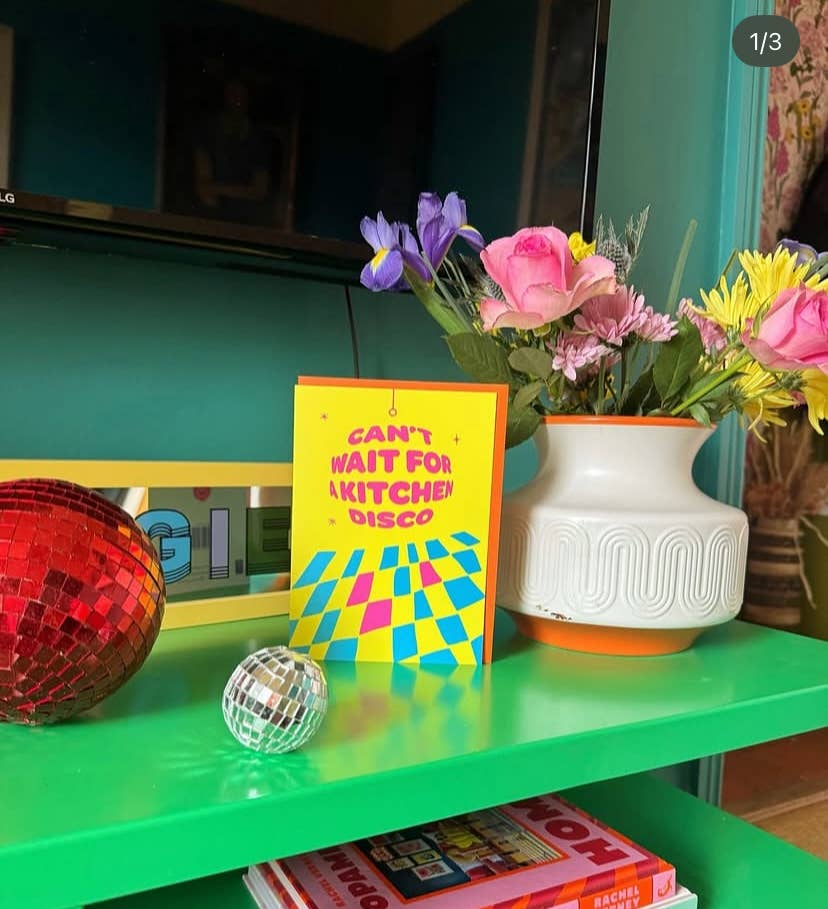 LoveLossDiscoballs – wholesale House-warming card – Kitchen Disco | Playful, Modern New Home Celebration Card1