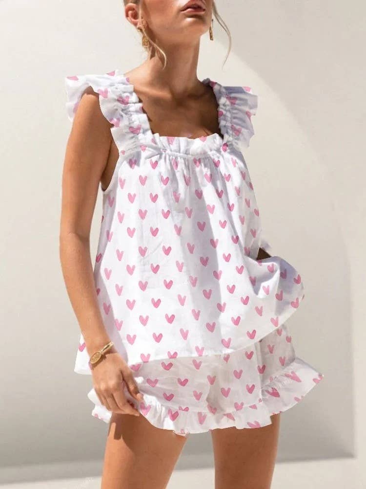 Rosa Clothing - Wholesale Top & Short Set (NOT Loungewear) - Women's - Floral & ribbon bow print ruffled tank top shorts set17