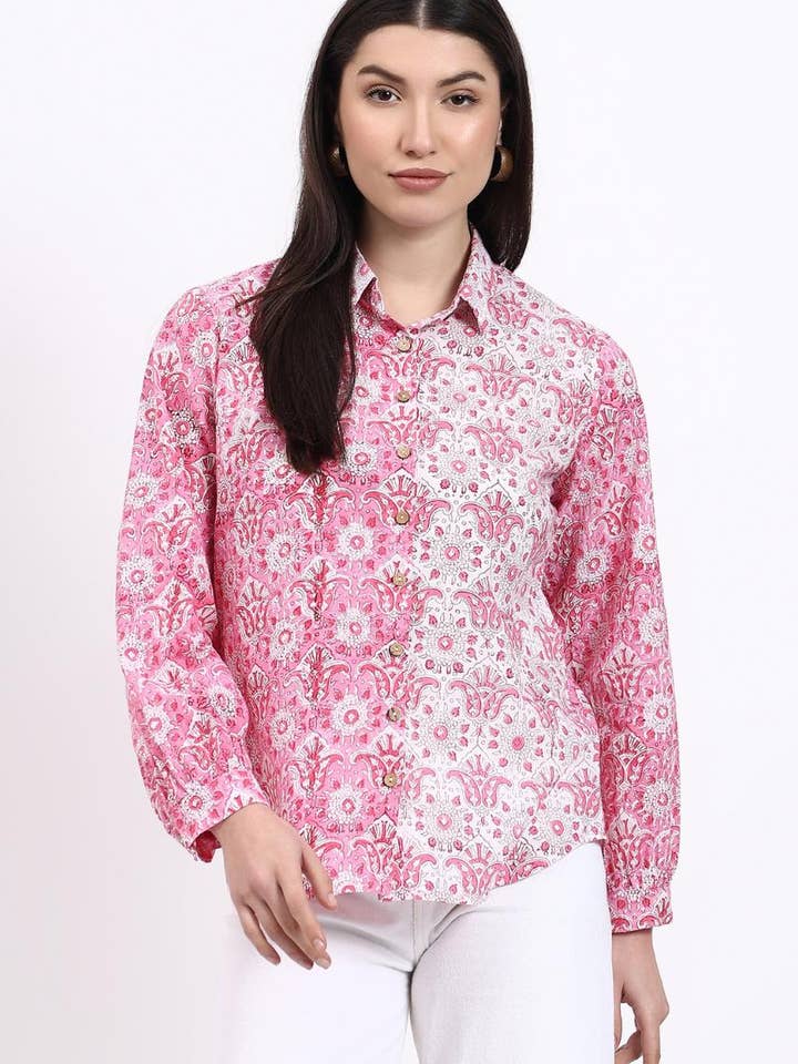 Hi Handmade - Wholesale Buttoned-down shirt – Women's - Panel Shirt - Pink1