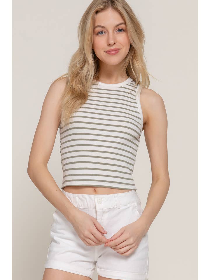 Active Basic | Active USA - Wholesale Tank Top - Women's - Sleeveless Round Neck Stripe Cotton Rib Knit Top