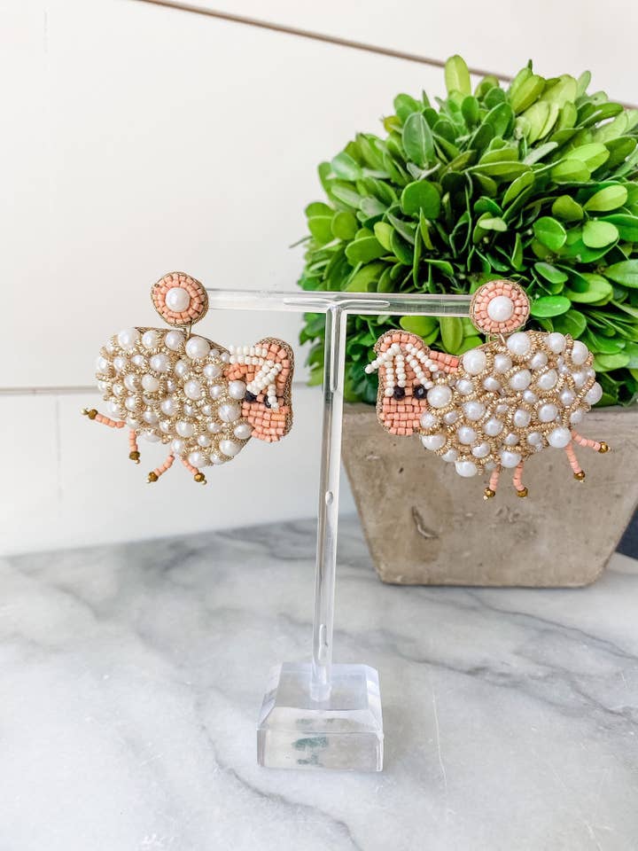 Pearl Beaded Sheep Southern Statement Fashion Earrings for wholesale by Brookhaven Baubles