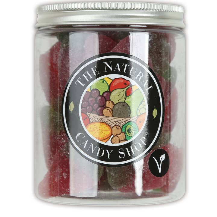 Natural vegan Jelly Strawberries in Candy Jar 220g for wholesale by The Original Candy Company