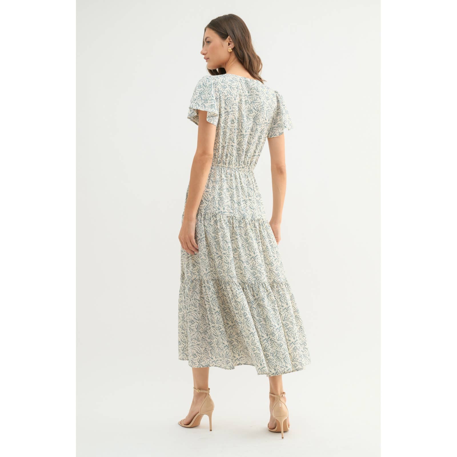 OFF WHITE BLUE ABSTRACT TULIP SLEEVE MIDI DRESS / WL24-9931 for wholesale on Faire2