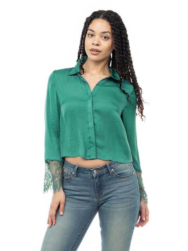 Long Sleeve Lace Satin Blouse for wholesale by Naked Zebra