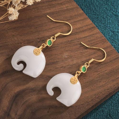 White Jade Elephant Earrings for wholesale by Bright MacMing