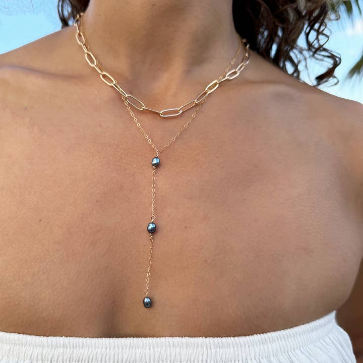 Kahakai Dainty Gray Freshwater Pearl Y Necklace (Gold Fill) for wholesale by Debby Sato Designs