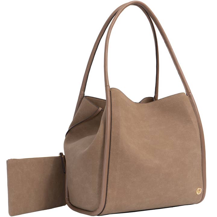 CAMEL Joan & David Double Handle Faux Suede Tote for wholesale on Faire1