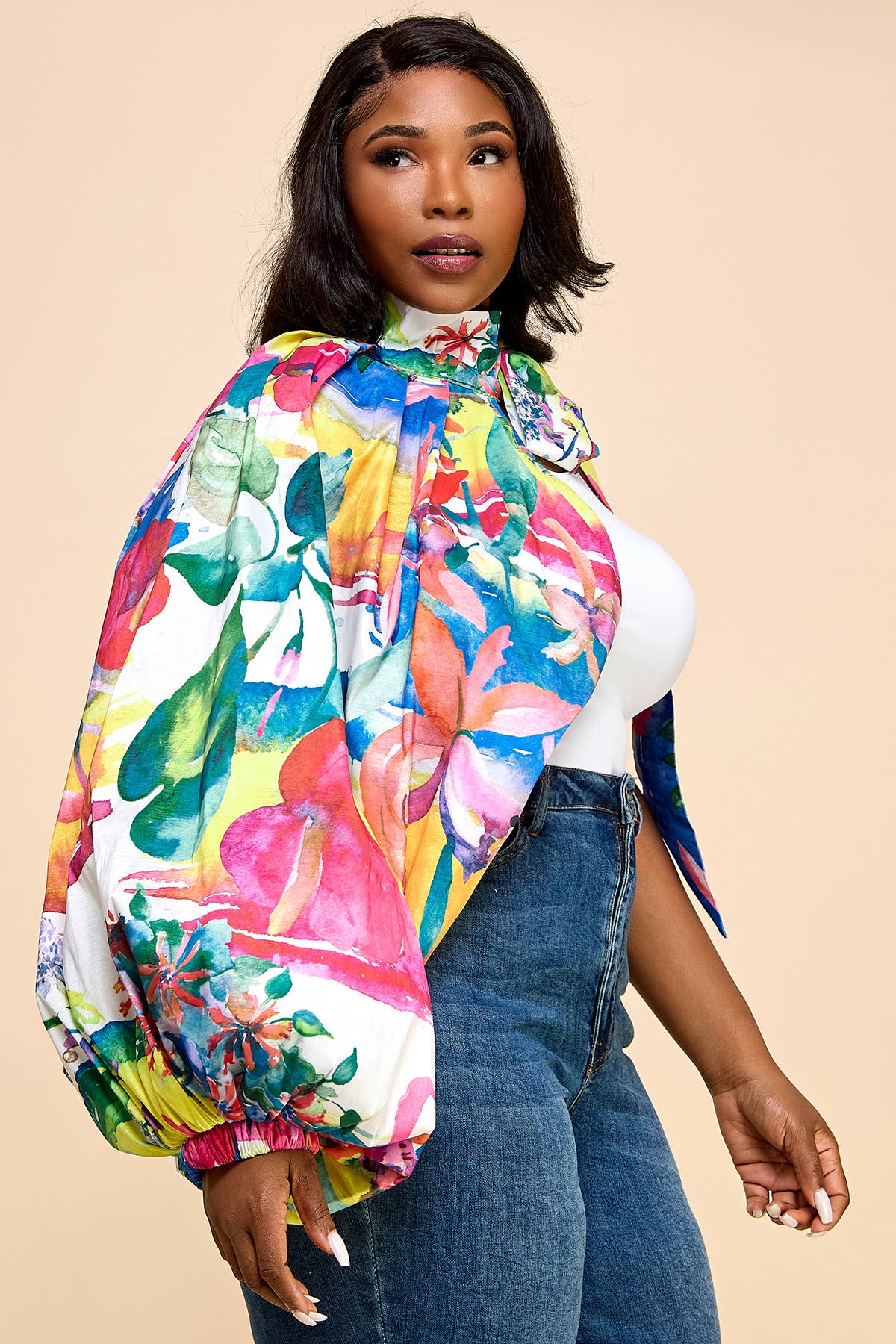 G179 PLUS Blousetop met hoge hals en één ballon en lange mouwen voor groothandel op Faire1