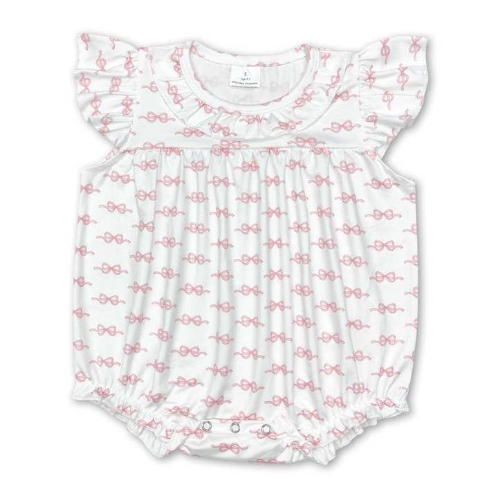 Flutter sleeves pink bow baby girls romper for wholesale by Yawoo Garments