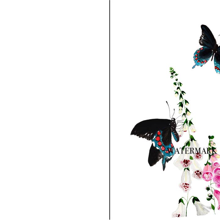 Chandler Strange Art – wholesale Vardagliga hälsningskort – Svart svalehalefjäril med fingerborgsblommor hälsningskort1