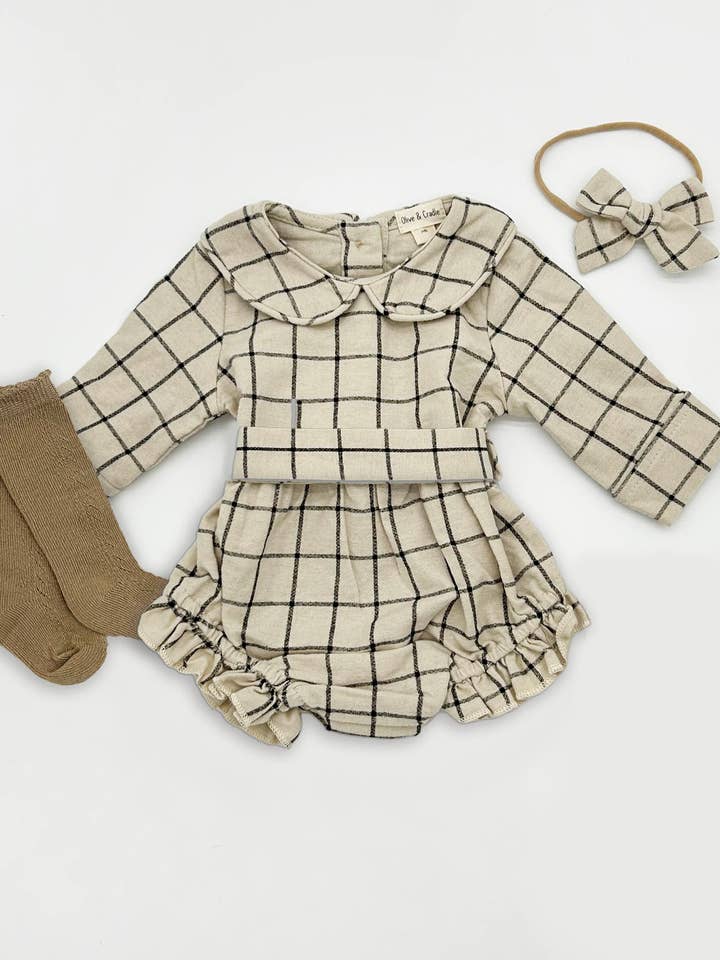 OLIVE & CRADLE - Venta al por mayor Conjunto de ropa - Bebés - Pelele de Algodón a Cuadros con Cuello Navideño + Lazo