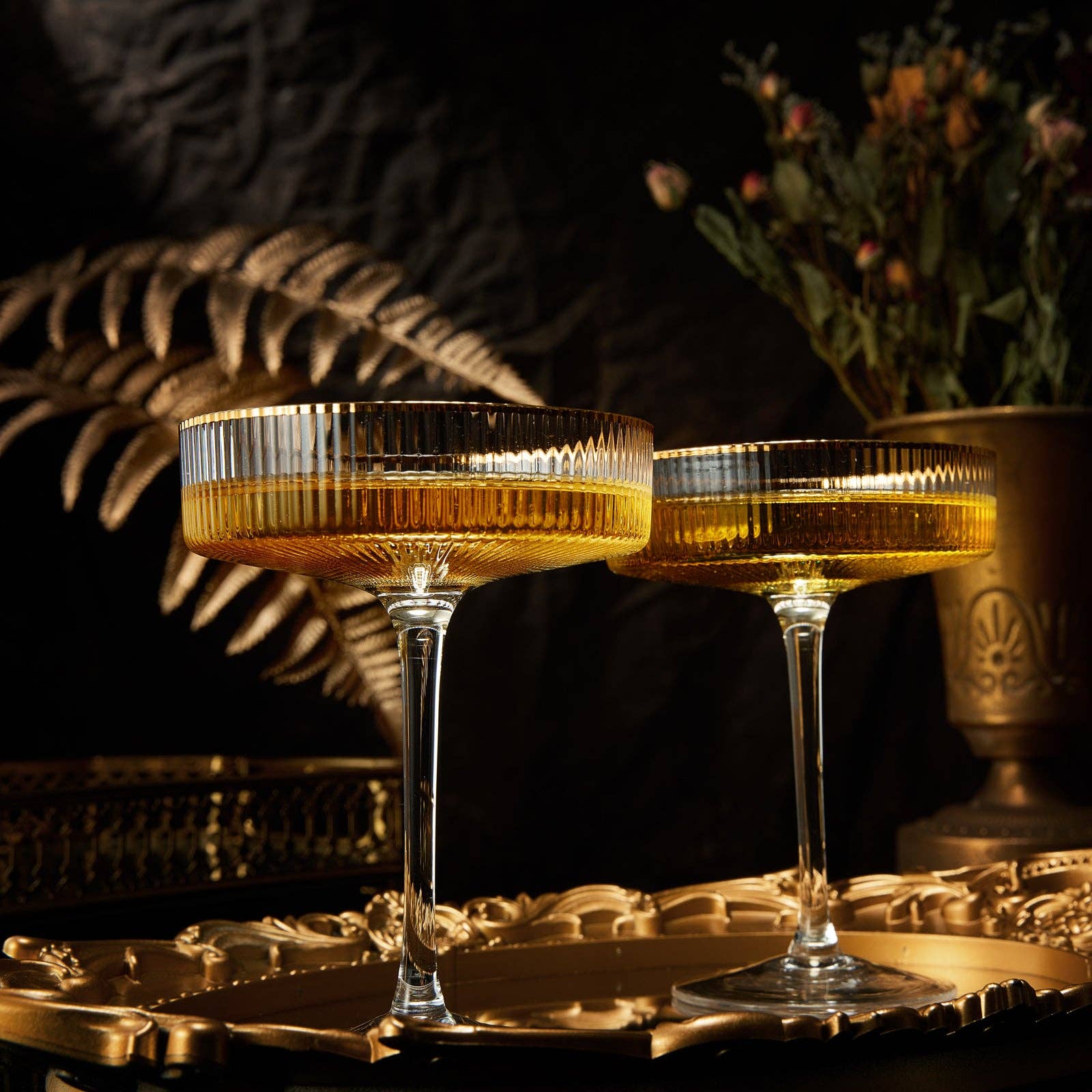 The Wine Savant /  Khen Glassware - Wholesale Cocktail/Liquor Glass - Ribbed Art Deco Gilded Crystal Coupe  Glasses | Set of 25