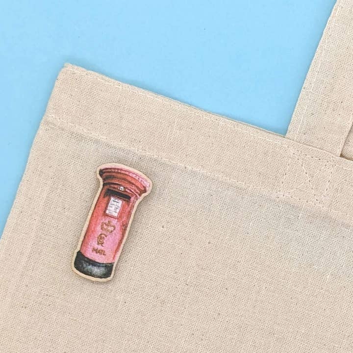 Post box Wooden Pin Badge for wholesale by Hodgepodge