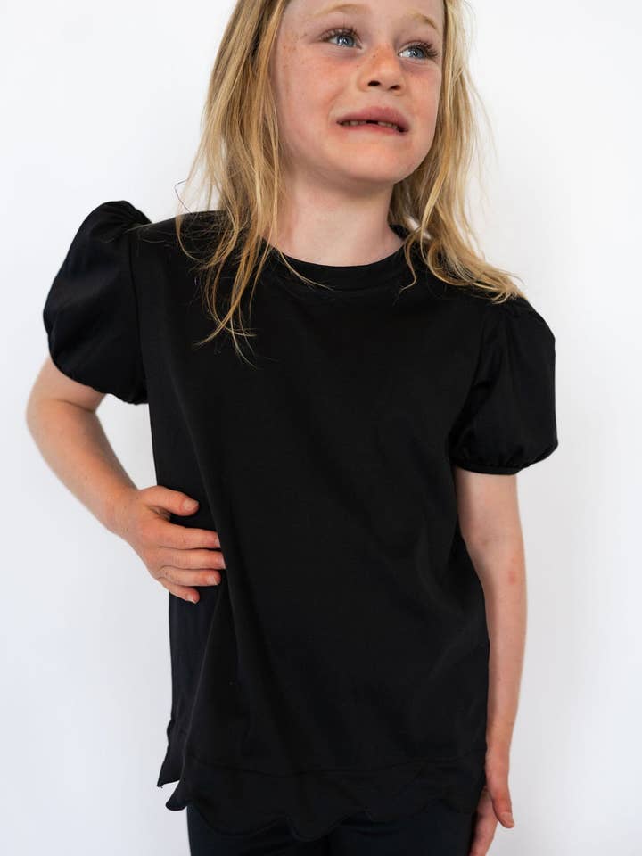 Girls' Scalloped Bubble Sleeve Tee- Black for wholesale by Teigan & Co