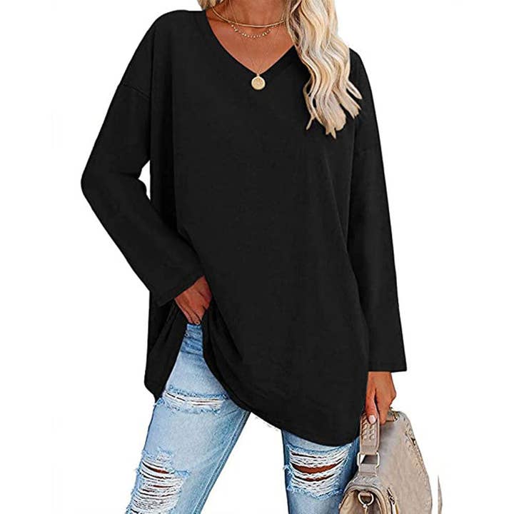 pinkblu02 - Wholesale Tunic - Women's - Women Casual Solid Color V-Neck Long Sleeve Blank T-Shirt