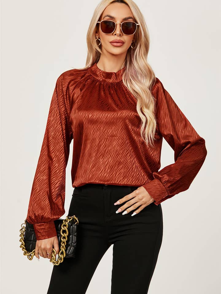 Halter Neck Satin Long Sleeve Blouse Top In Copper Red for wholesale on Faire4