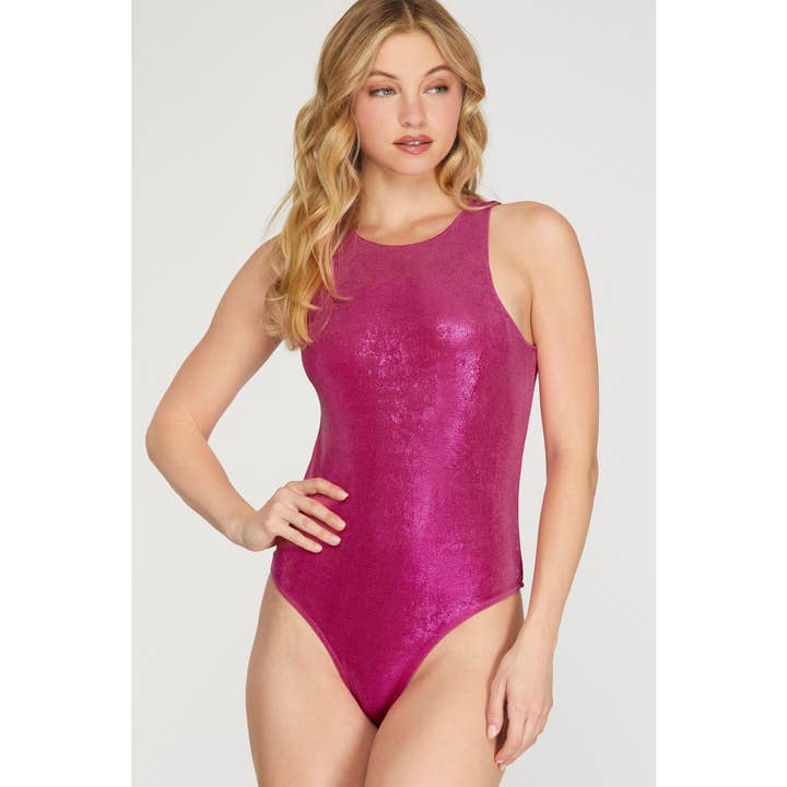 Metallic Round Neck Sleeveless Knit Bodysuit for wholesale by BNS