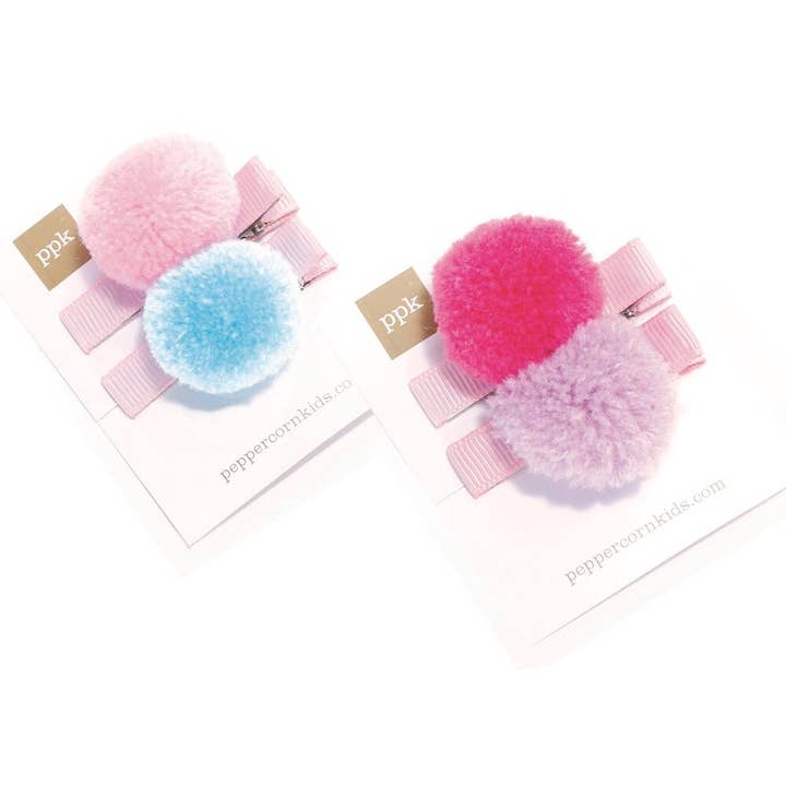 Peppercorn Kids - Wholesale Hair Clip - Kids - 2-pc Pompom Hair Clip Set of 2 - Purple/ Pink, Blue/ Pink Bl2