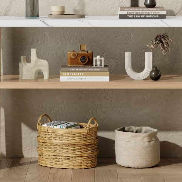 Orange County Decor - Wholesale Console Table - Retro Elegant Console Table With Marble Effect Top And Versatile Storage Solutions For Entryway And Living Room Natural Natural Solid Wood Mdf3