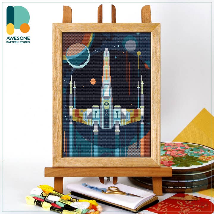 Vaisseau spatial CS382-2, kit de point de croix compté pour la vente par Awesome Pattern Studio