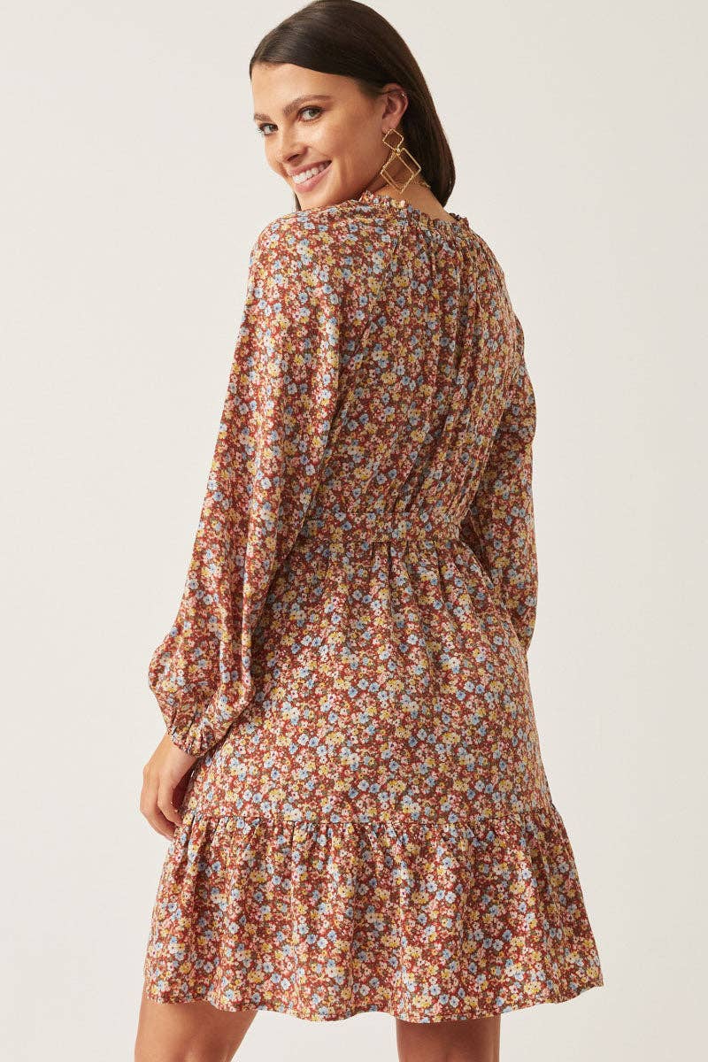 Brown Womens Floral Print Ruffle Neck Puff Sleeve Dress for wholesale on Faire4