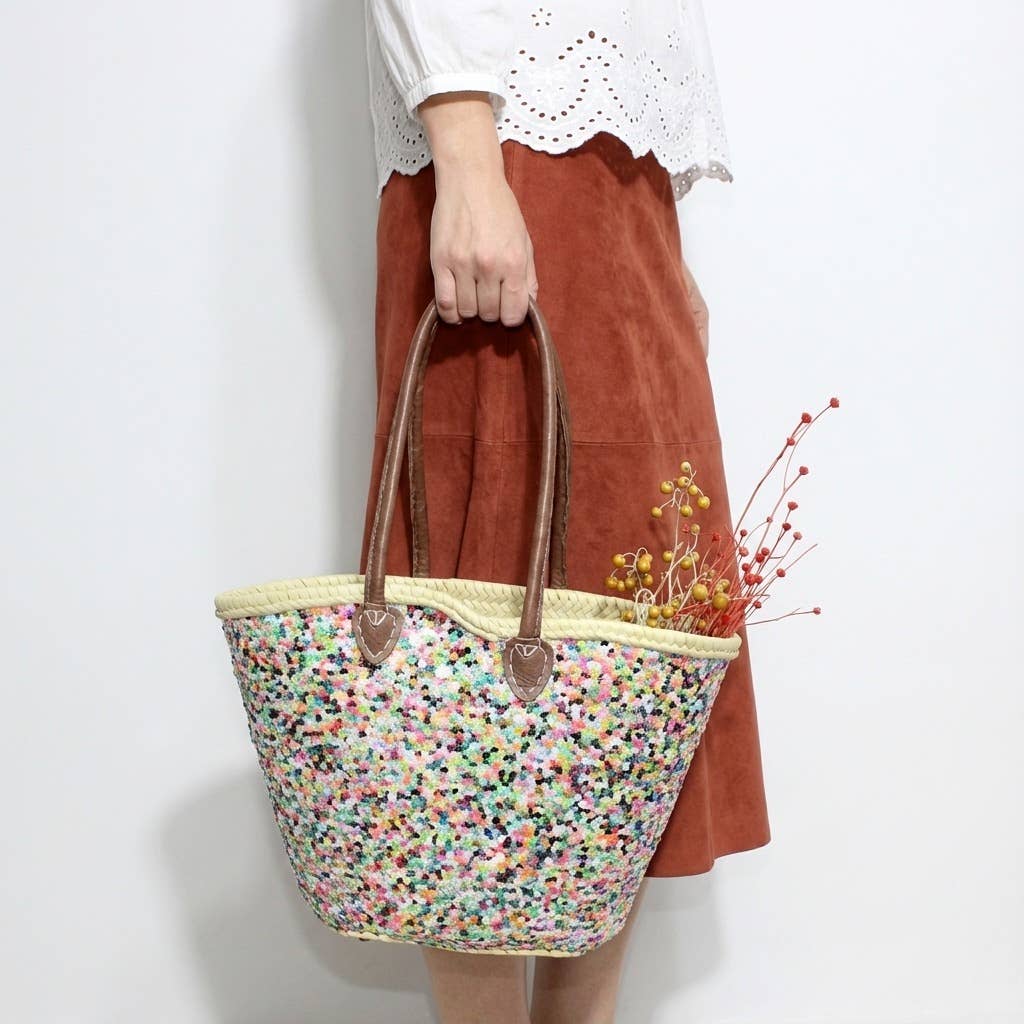 Melecraft - Venta al por mayor Bolsa de playa - Bolso de paja con lentejuelas, cesta estilo mercado francés8