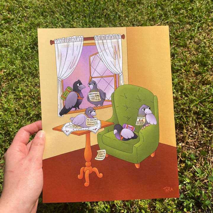 Impression artistique Carrier Pigeon Spam | Décoration Cottagecore pour courrier indésirable pour la vente par Tara Sullivan