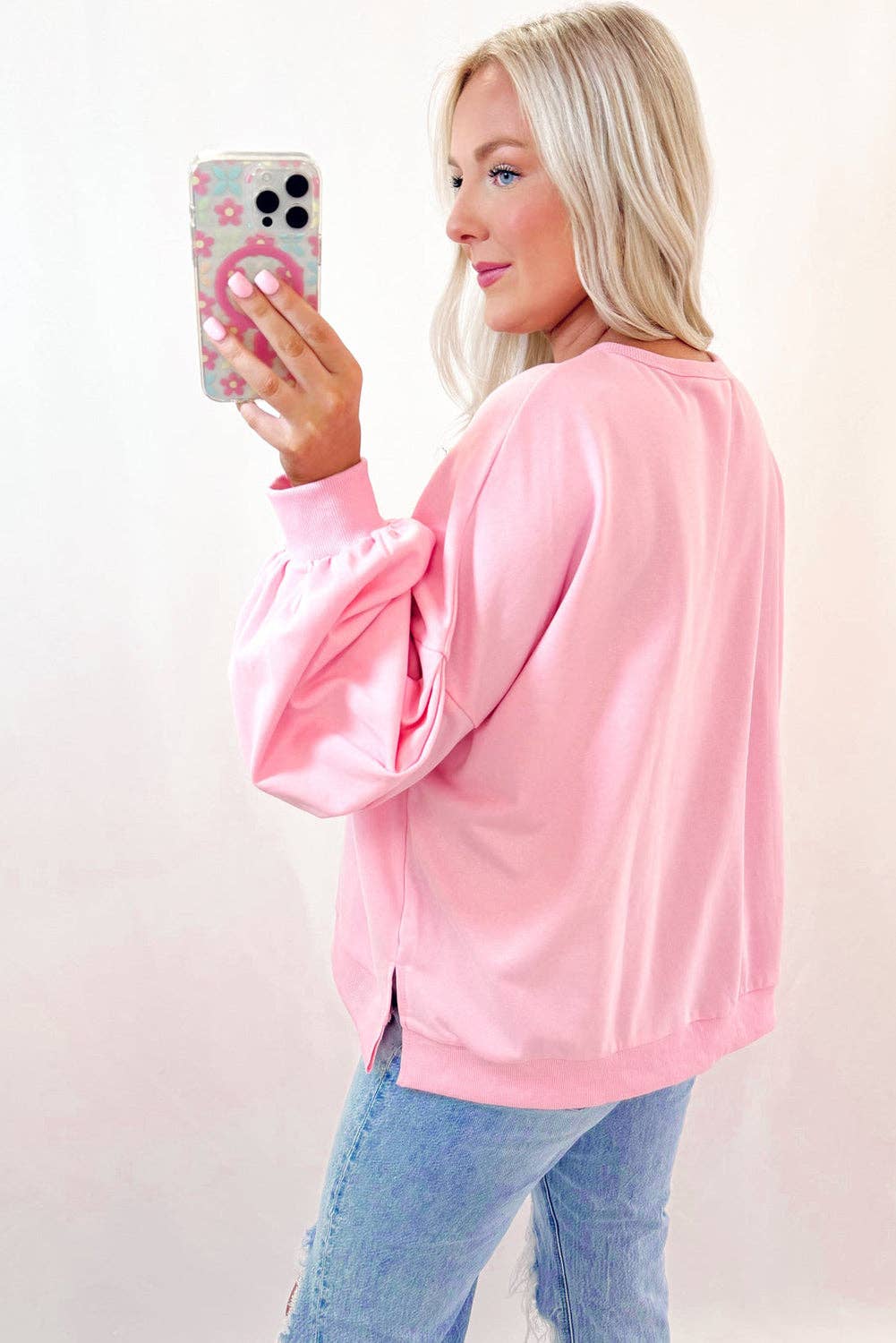 Light Pink Embroidered Bow Lantern Sleeve Oversized Pullover Sweatshirt for wholesale on Faire1