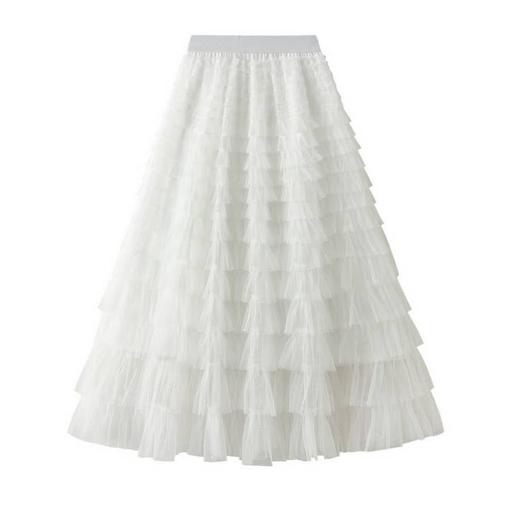 White Tulle Tiered Pleated A-Line Maxi Skirt_CWBMS0369 for wholesale by ACCITY