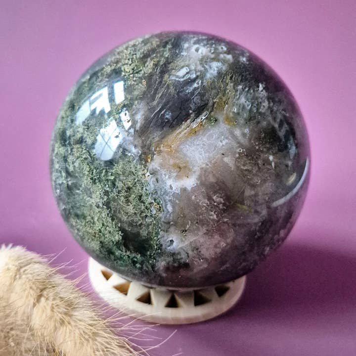 Boule de cristal en pierre précieuse Agate mousse Druzy Géode 88mm 927g pour la vente par Moonlight Gemstones