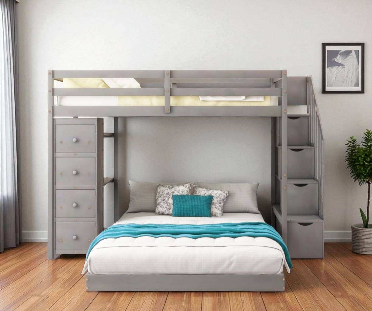 HomeRoots - Wholesale Bed - Gray Twin Over Full Wood Bunk Bed With Stairs And Drawers And Storage1
