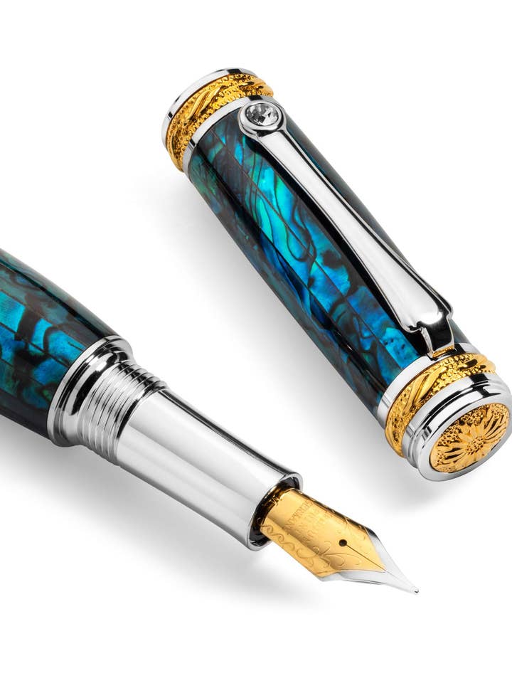 PITCHMAN TYCOON™ FOUNTAIN PEN - Handcrafted of Teal colored Paua Abalone, 22 Kt Gold, Rhodium, and Swarovski Crystal - Limited Production for wholesale by Pitchman®