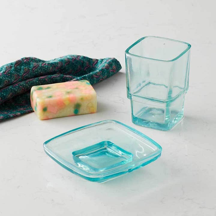 SERRV International - Wholesale Bathroom Accessory Set - Teal Recycled Glass Cup & Dish Bathroom Set