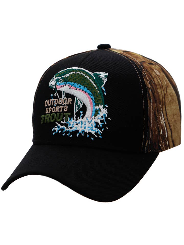 Outdoor Sports Trout Bass Hunt Camo Baseball Cap for wholesale by Cap Zone