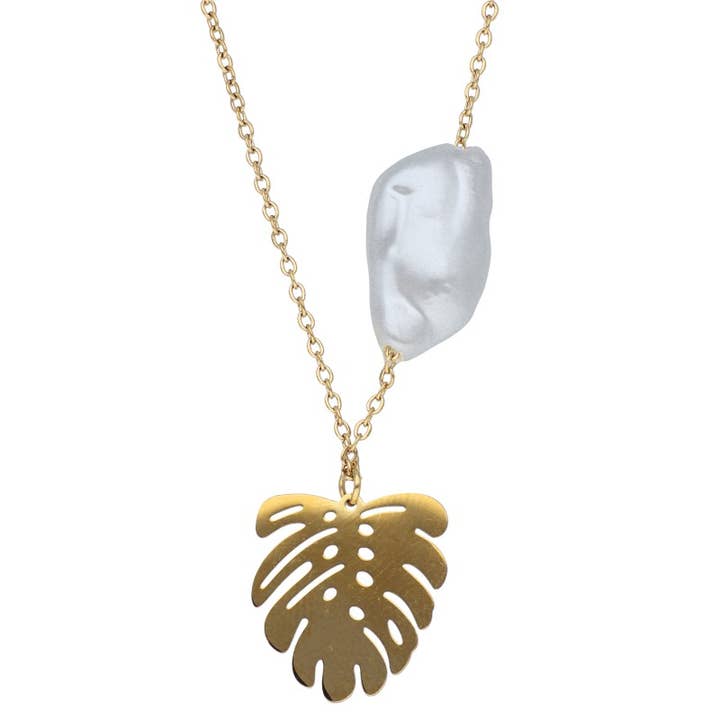Steel Necklace with Pearl and Monstera Blade for wholesale by Las Joyas de Amanda