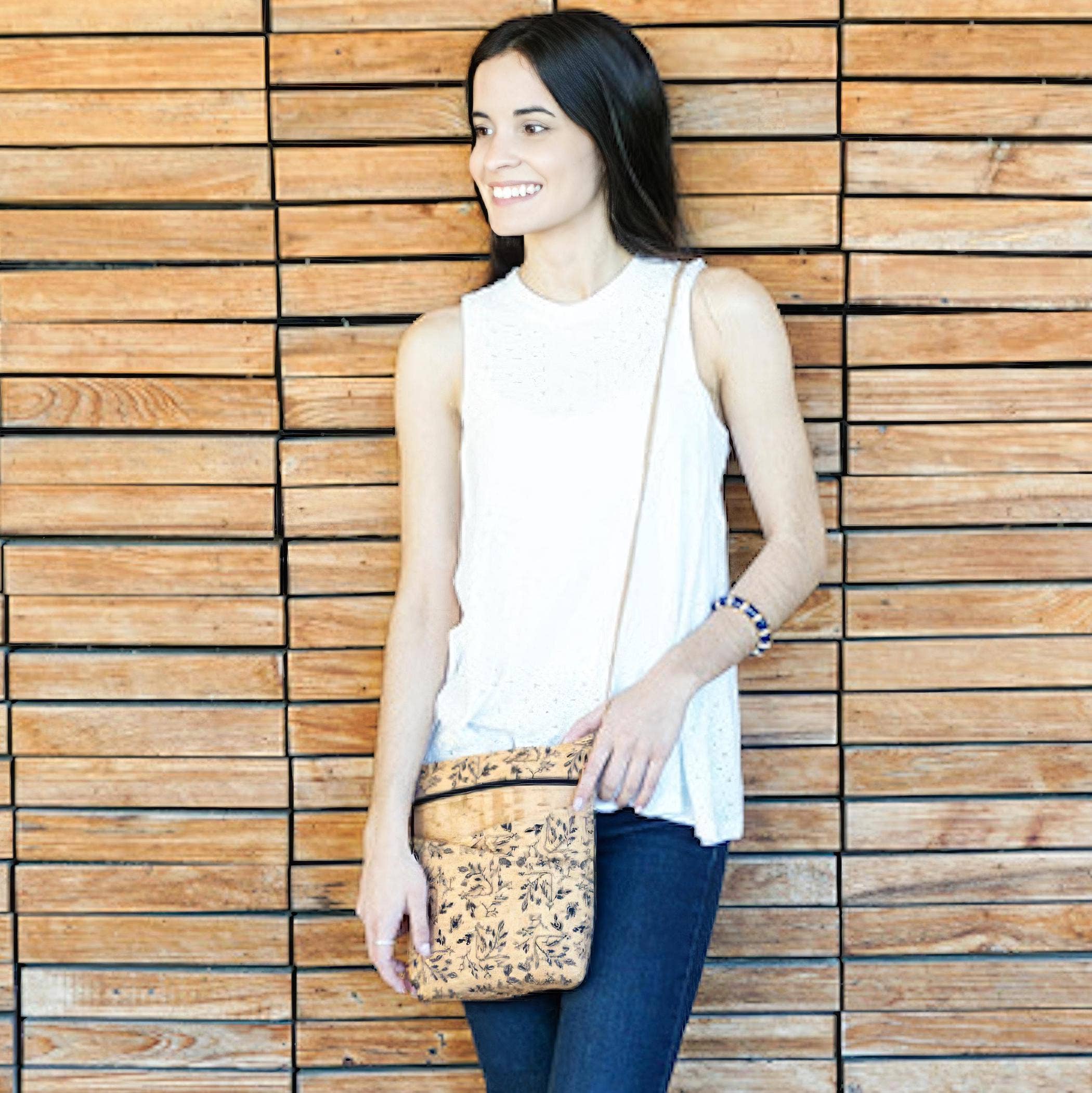Natalie Therese - Wholesale Crossbody Bag - Women's - Cork Crossbody Bag w/ 2 Crisscross Pocket | Black Floral4