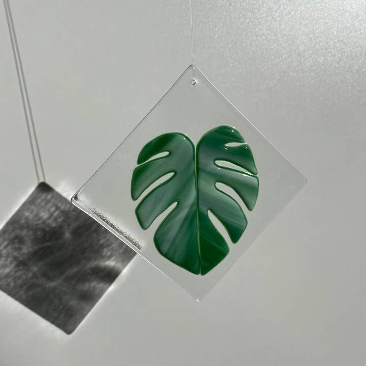 Monstera Fused Glass Diamond for wholesale by Lilikoi Art Studio