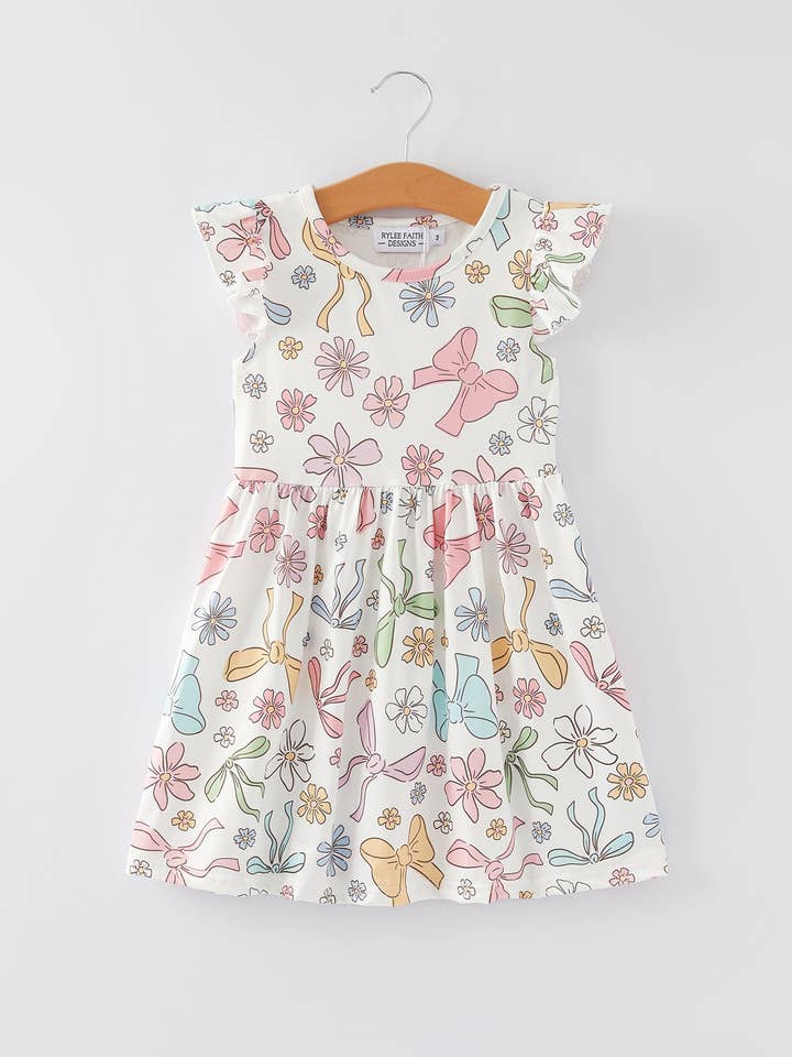Rylee Faith Designs - Wholesale Dress - Kids - Easter Bow Floral Print Fly Sleeve Girls Dress