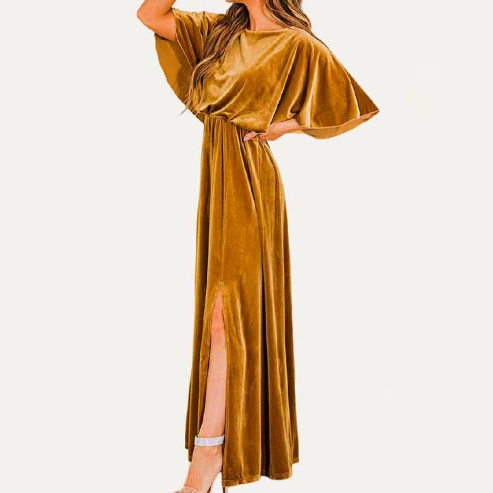 The Moment Collection - Wholesale Dress - Women's - Solid Velvet Round Neck Half Sleeves Maxi Dress